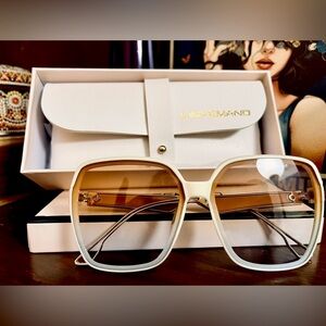 LINFEMAND Oversized Frame Cream Colored/Brown Lens Tint Comes w/ case & box.NWOT